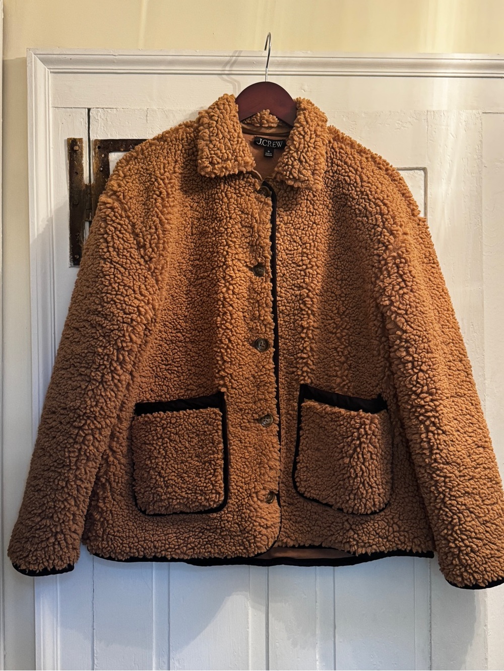 J.Crew Faux Sherpa Barn Jacket Camel Teddy Coat Sz M - Picture 2 of 7